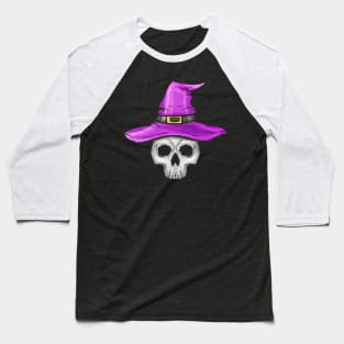 Skull wearing Witch Hat Halloween Witch Switch Baseball T-Shirt